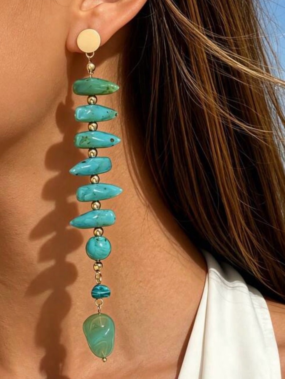 Boho Turquoise Long Dangle Statement Earrings – Gold Tone Natural Stone Drop
